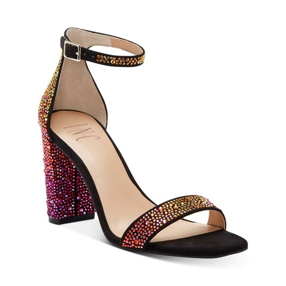 INC Shoes - INC Womens Black Padded Rhinestone Lexini Square Toe Block Heel Sandals 6 M
